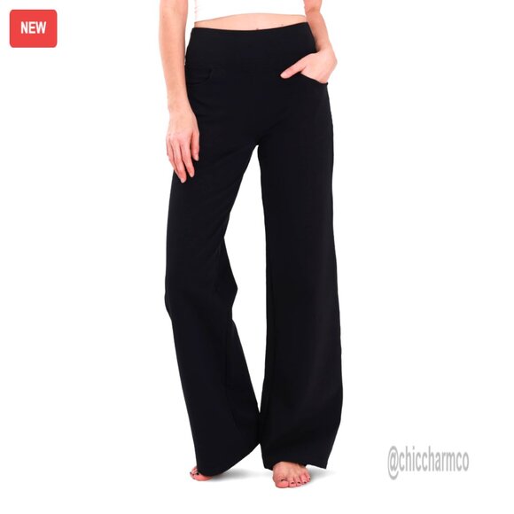 Pants - Wide Leg Yoga Pants High Waist Cotton Lounge Trousers with Pockets